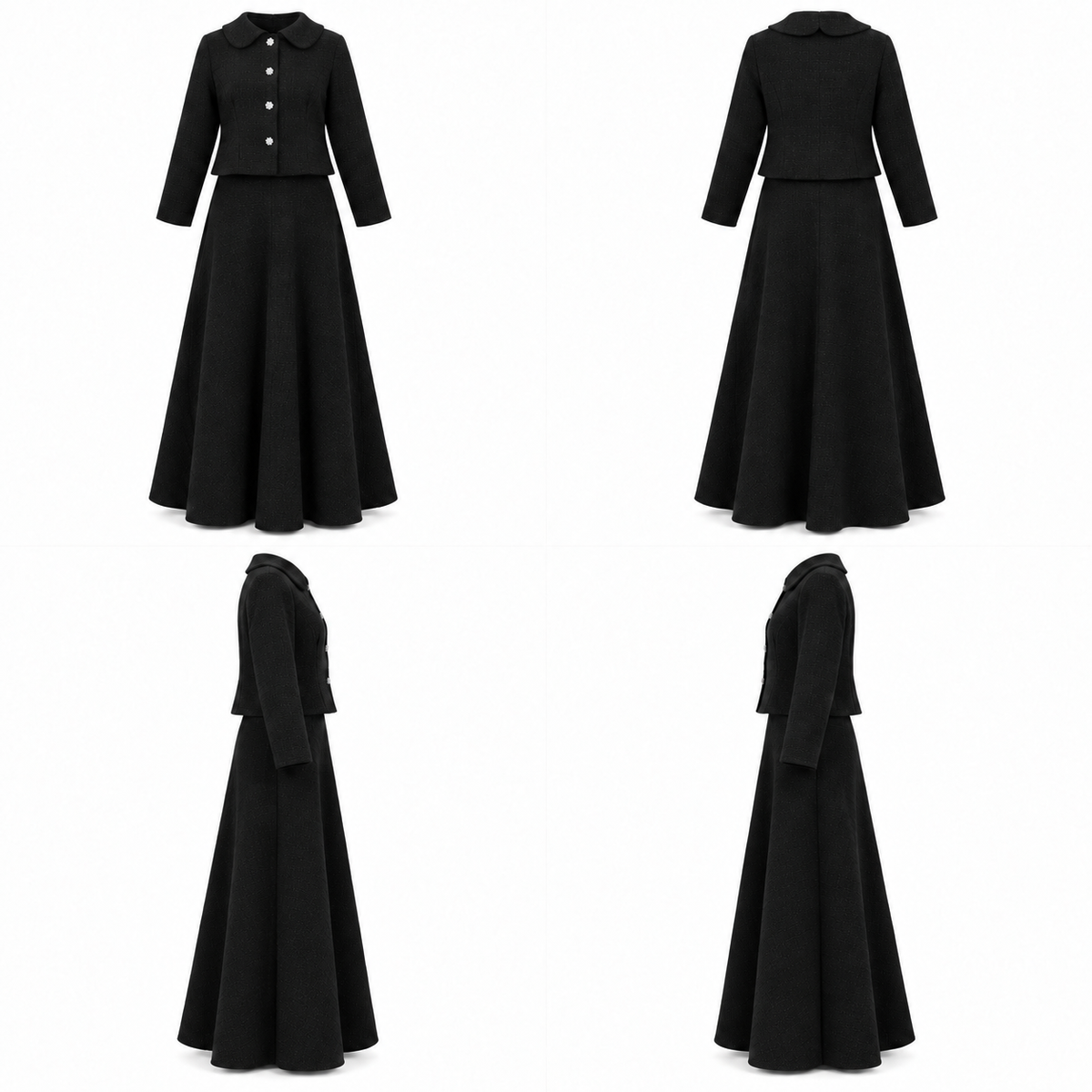 Black Tweed Chic Collared Jacket With Floral Buttons Skirt Set