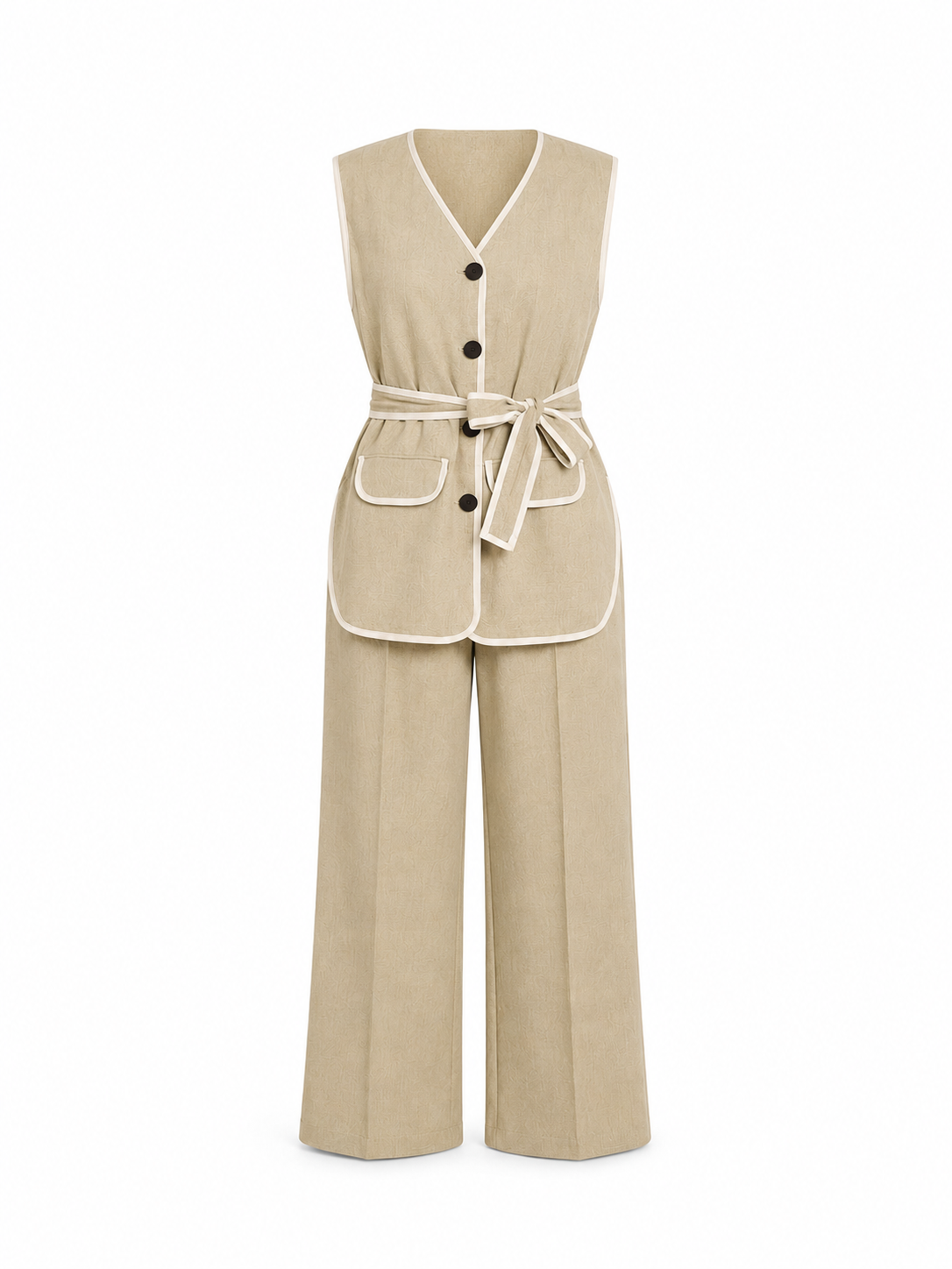 Beige White Trim Linen Vest Set