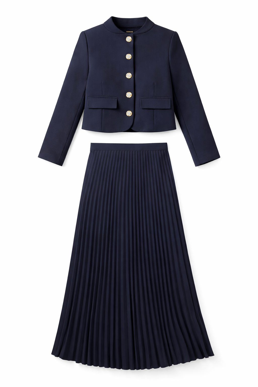 Navy Blue Cropped Blazer With Pleated Skirt Set