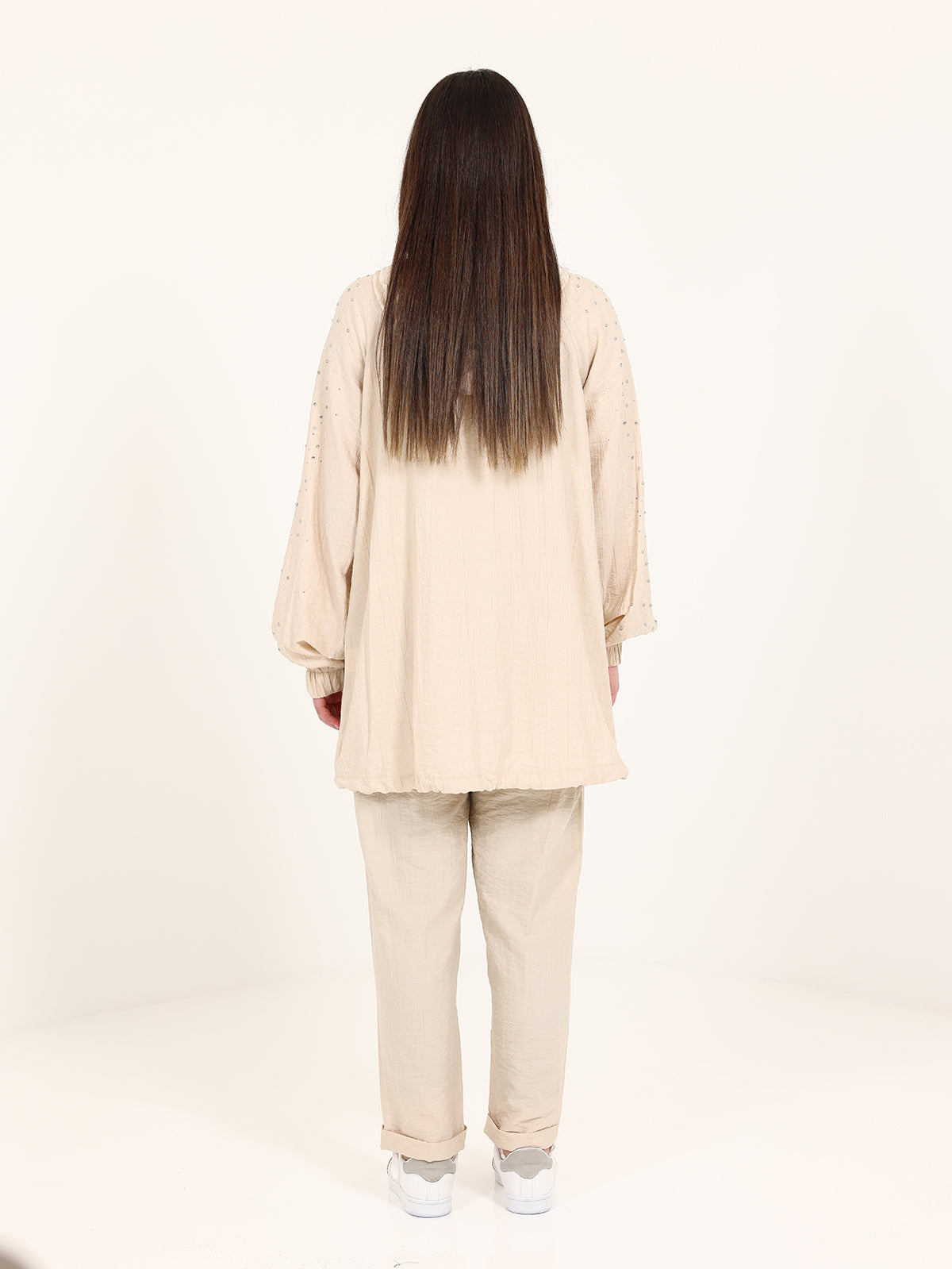 Beige Hooded Set with Stoned Sleeves
