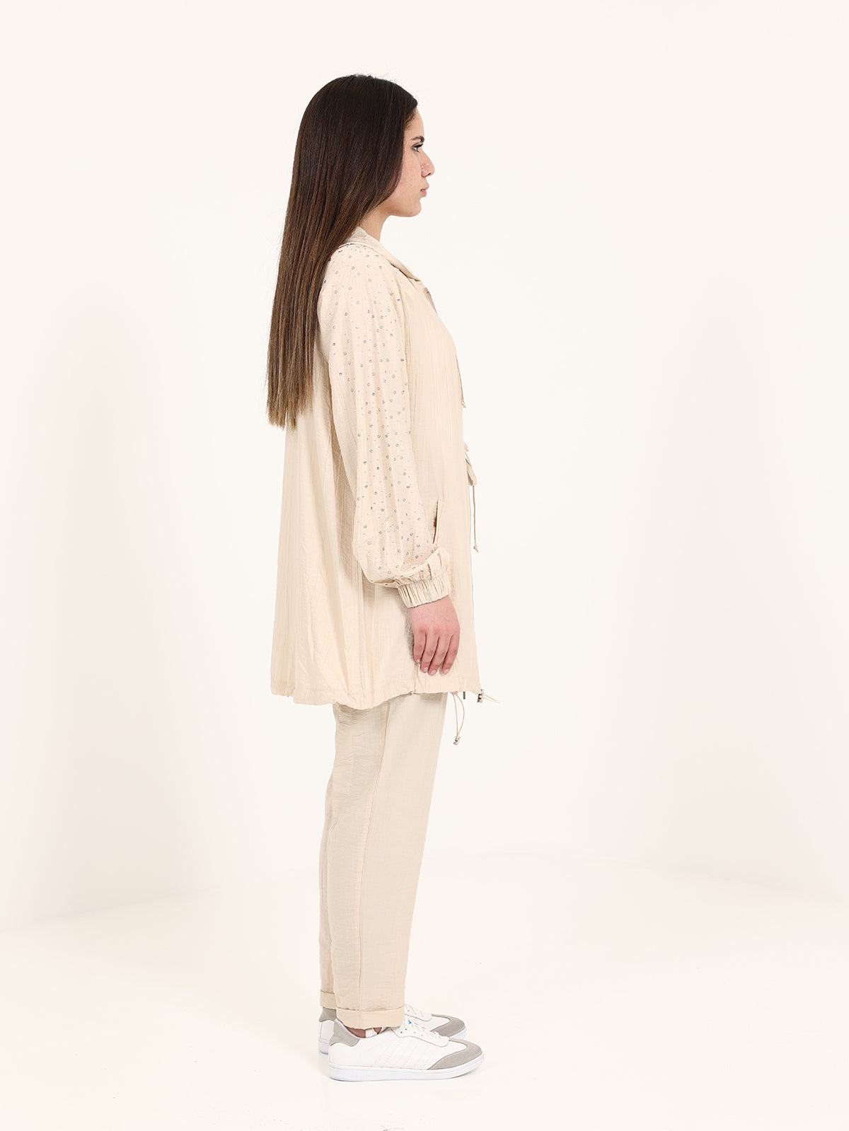 Beige Hooded Set with Stoned Sleeves