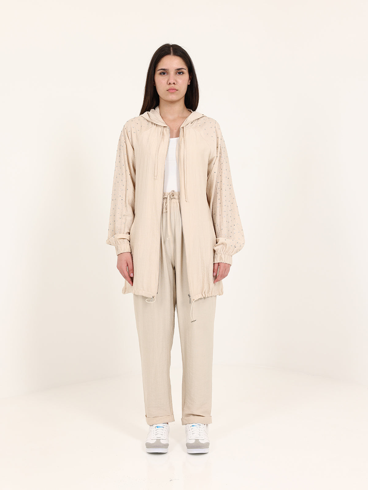 Beige Hooded Set with Stoned Sleeves