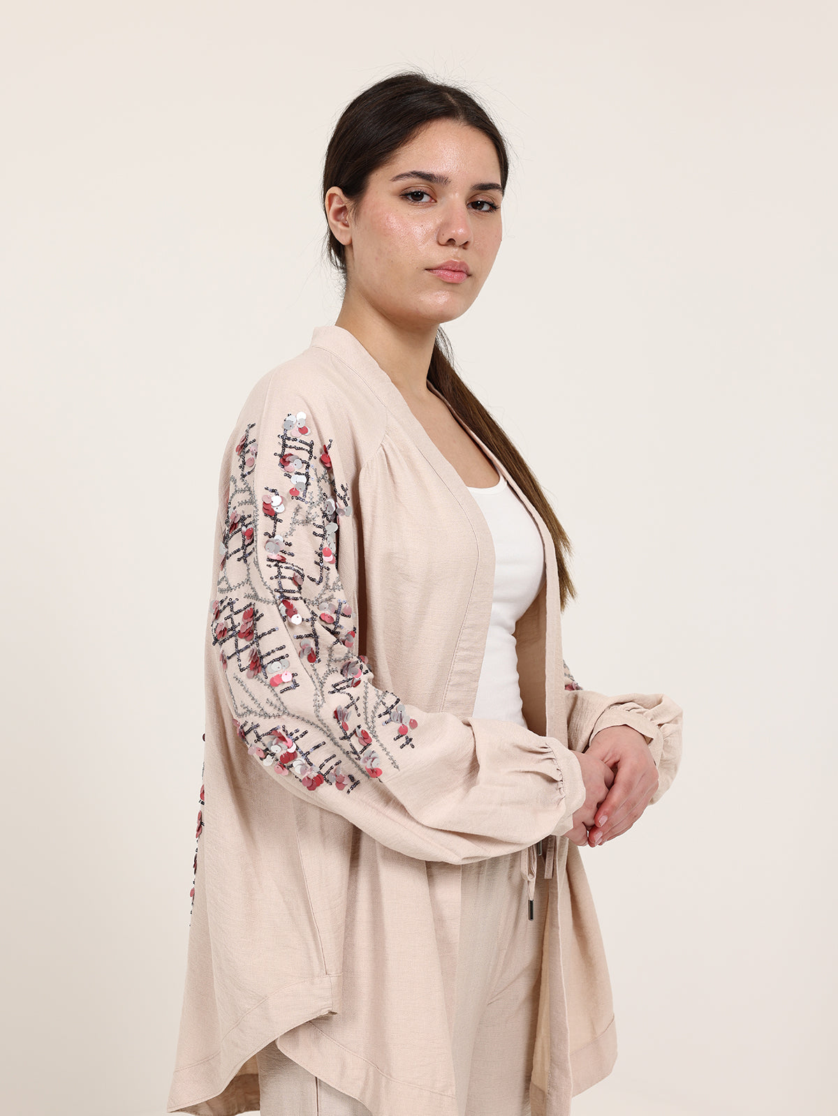 Beige Linen Embroidered Set