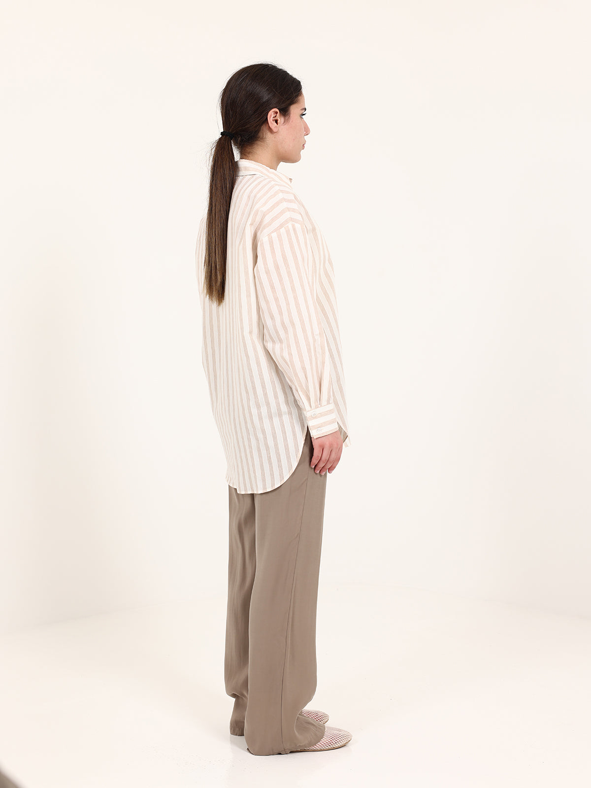 Beige Striped Shirt Set