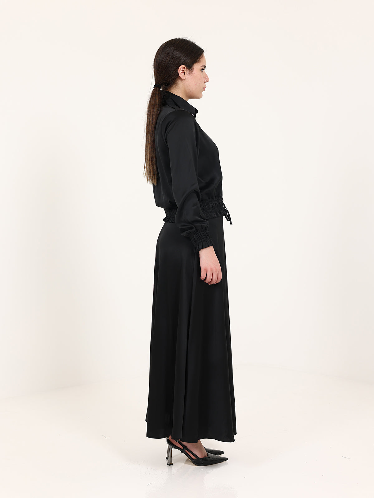 Black Double Satin Skirt Set