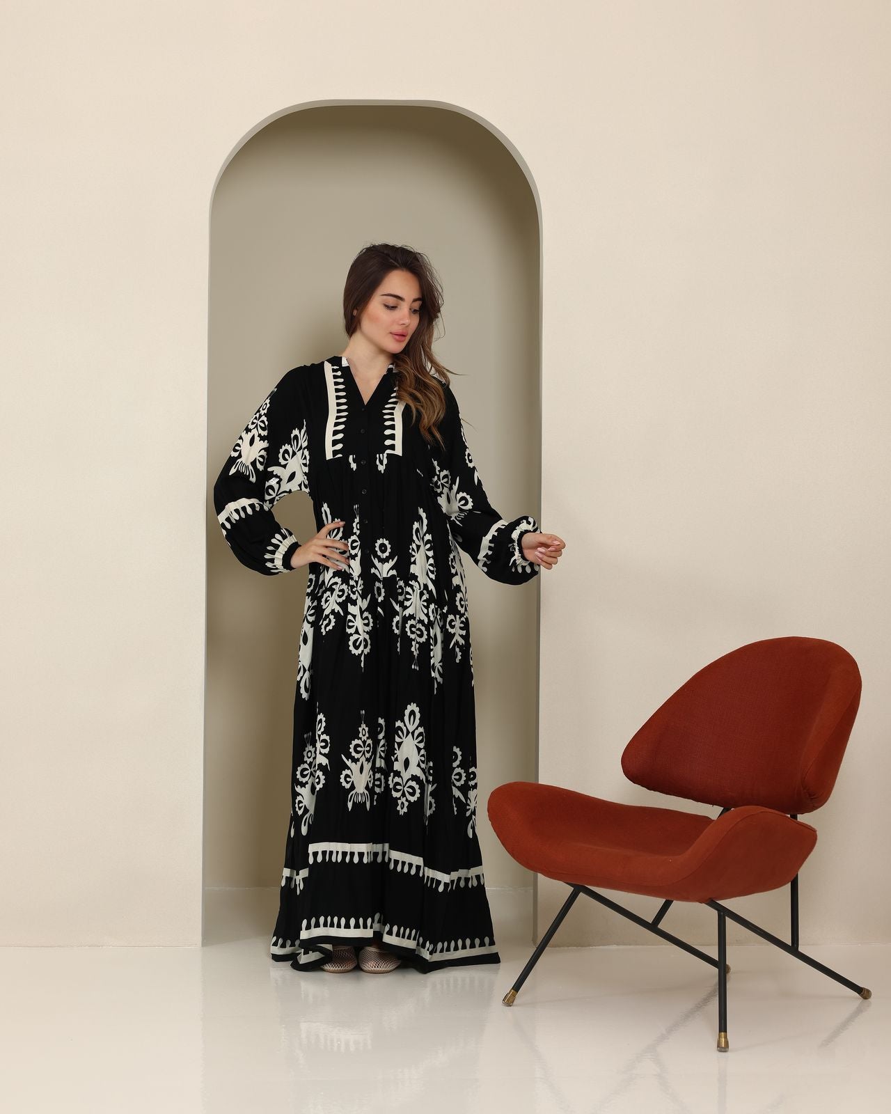 Black and Beige Viscose Motif Print Dress