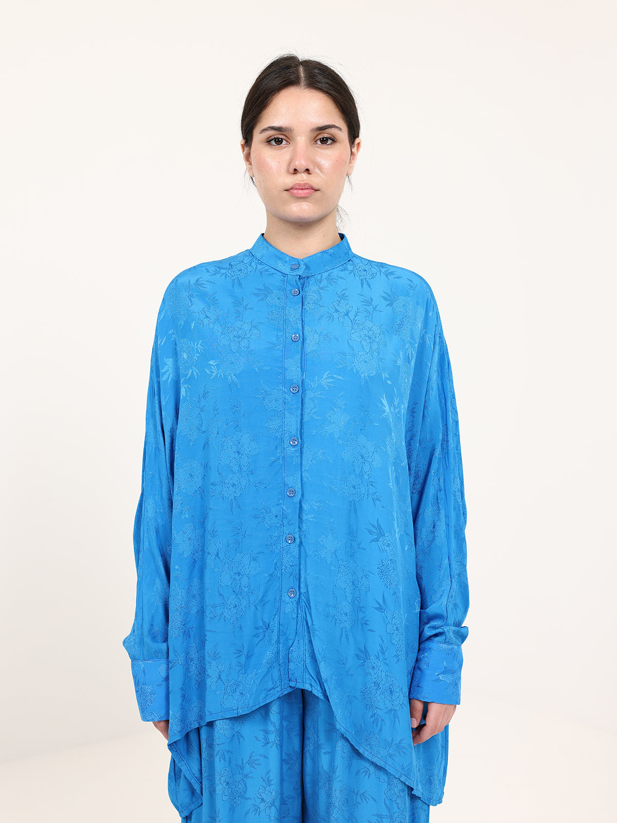 Blue Floral Jacquard Chinese Collar Top