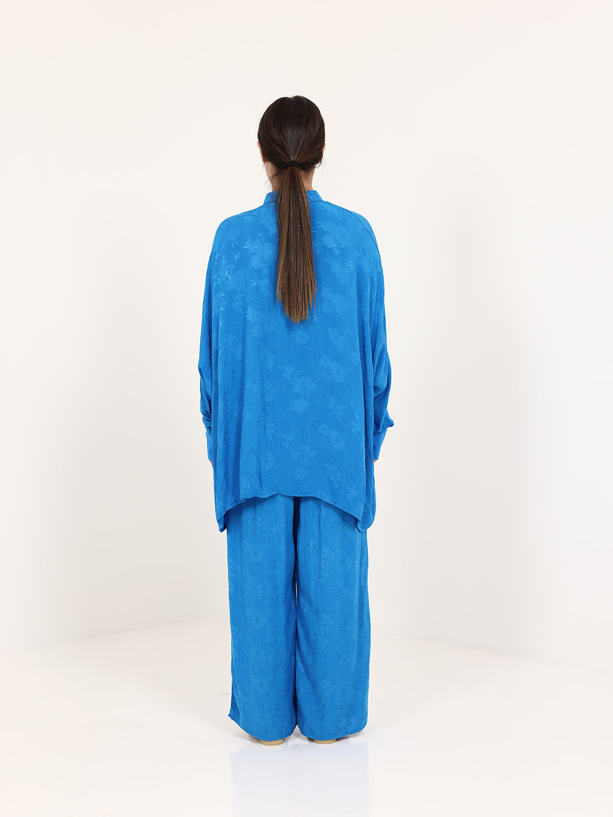 Blue Floral Jacquard Chinese Collar Top
