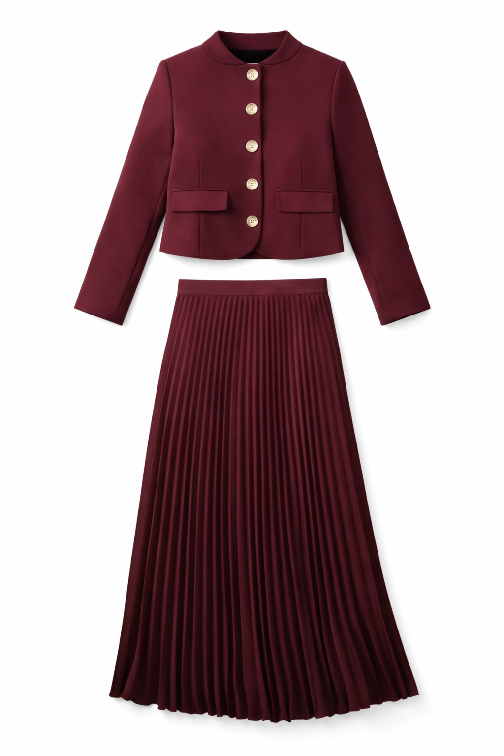 Burgundy Cropped Blazer With Pleated Skirt Set