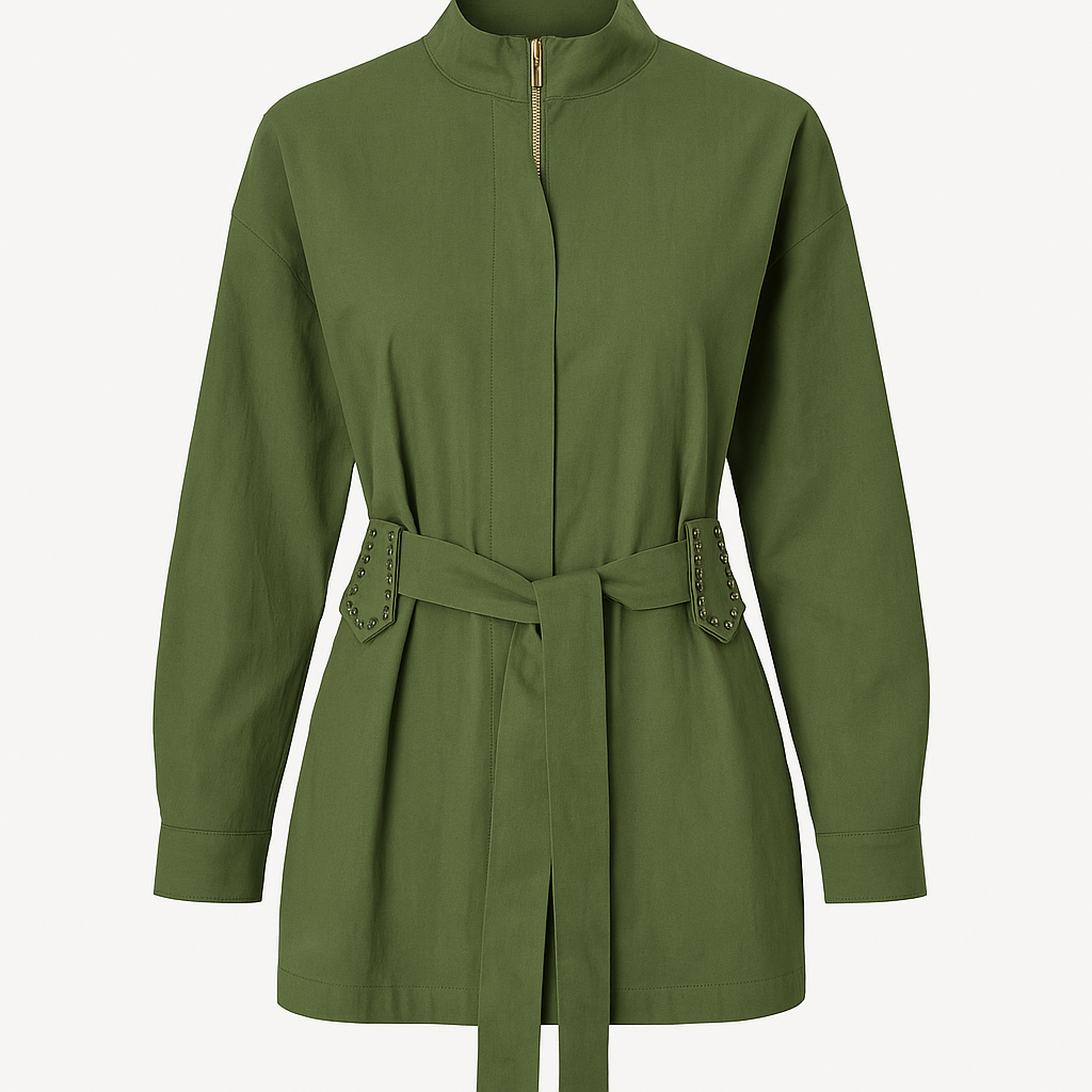 Olive Green Belted Shirt With Zipper