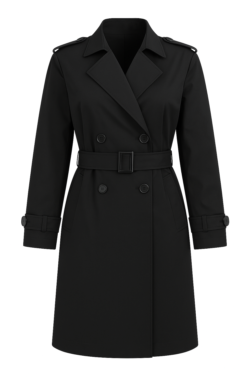 Black Long Double Breasted Trench Coat With Belt
