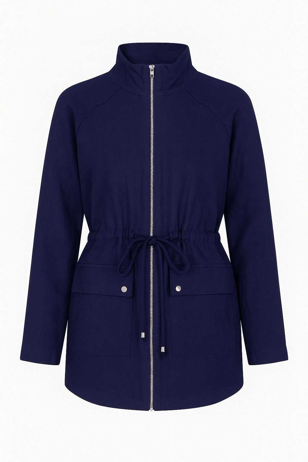 Linen Dark Navy Zip-Up Jacket With Flap Pockets