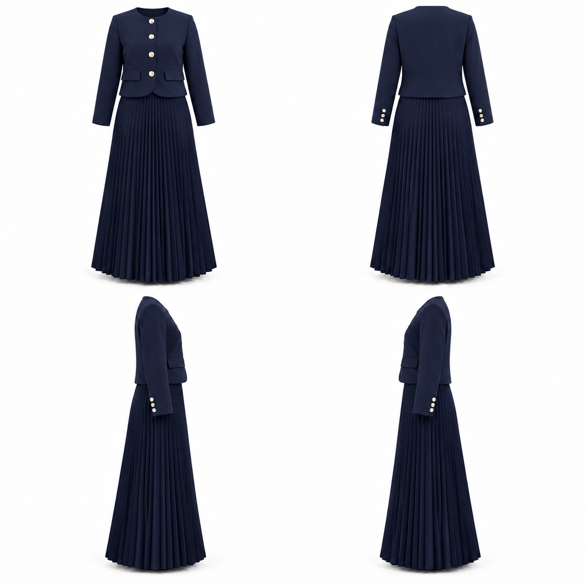 Navy Blue Cropped Blazer With Pleated Skirt Set