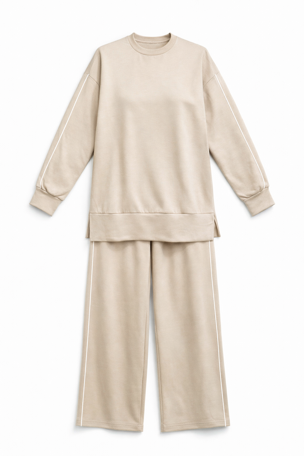 Beige Basic Cotton Set with White Line In Top & Pant