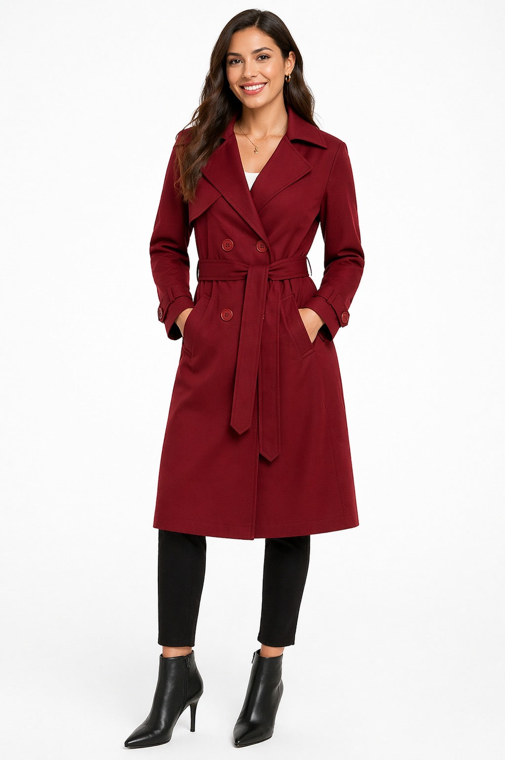 Bordeaux Double Breasted Trench Coat With Belt