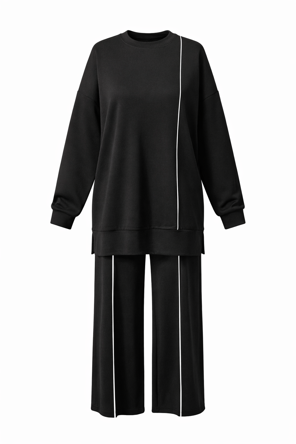 Black Basic Cotton Set with White Line In top & pant