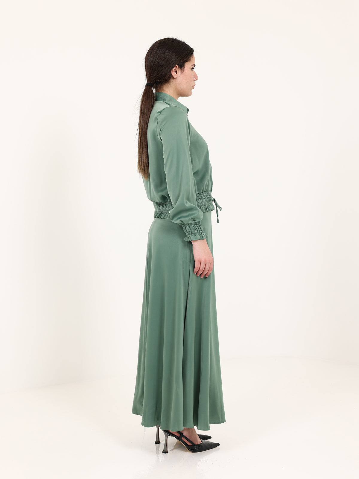 Green Double Satin Skirt Set