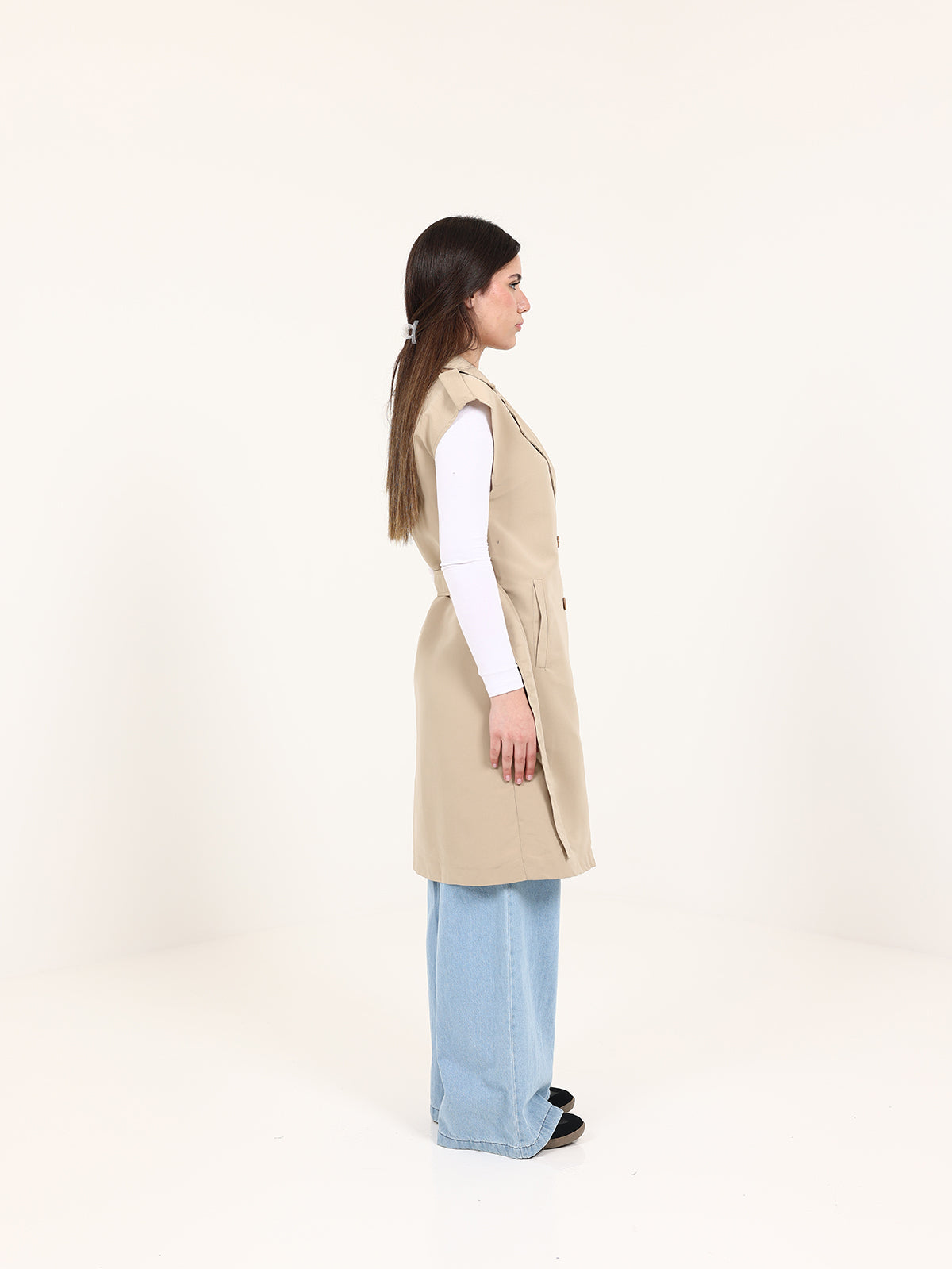 Long Beige Double-Breasted Vest
