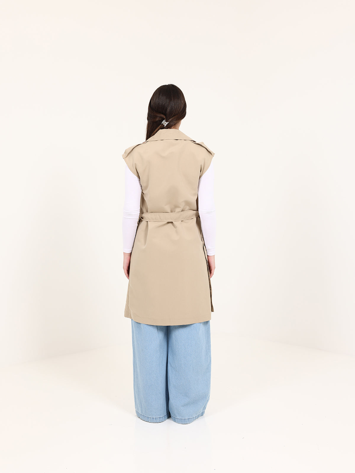 Long Beige Double-Breasted Vest