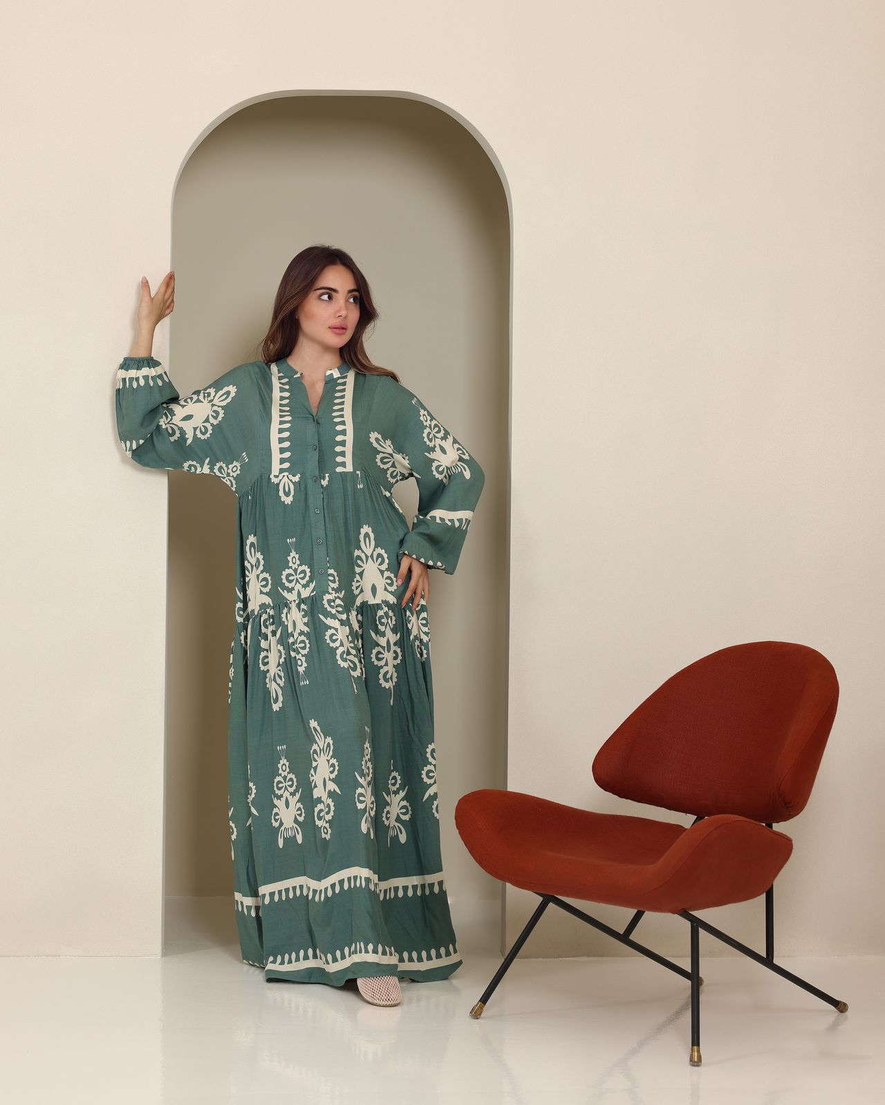 Mint Green and Beige Viscose Motif Print Dress