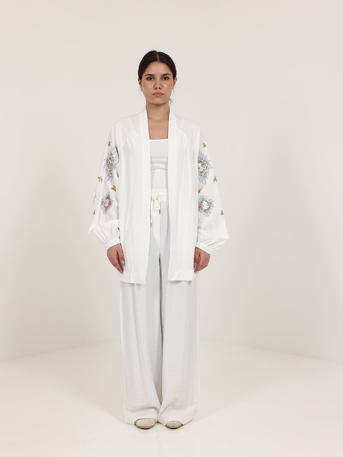 Off-White Linen Embroidered Set