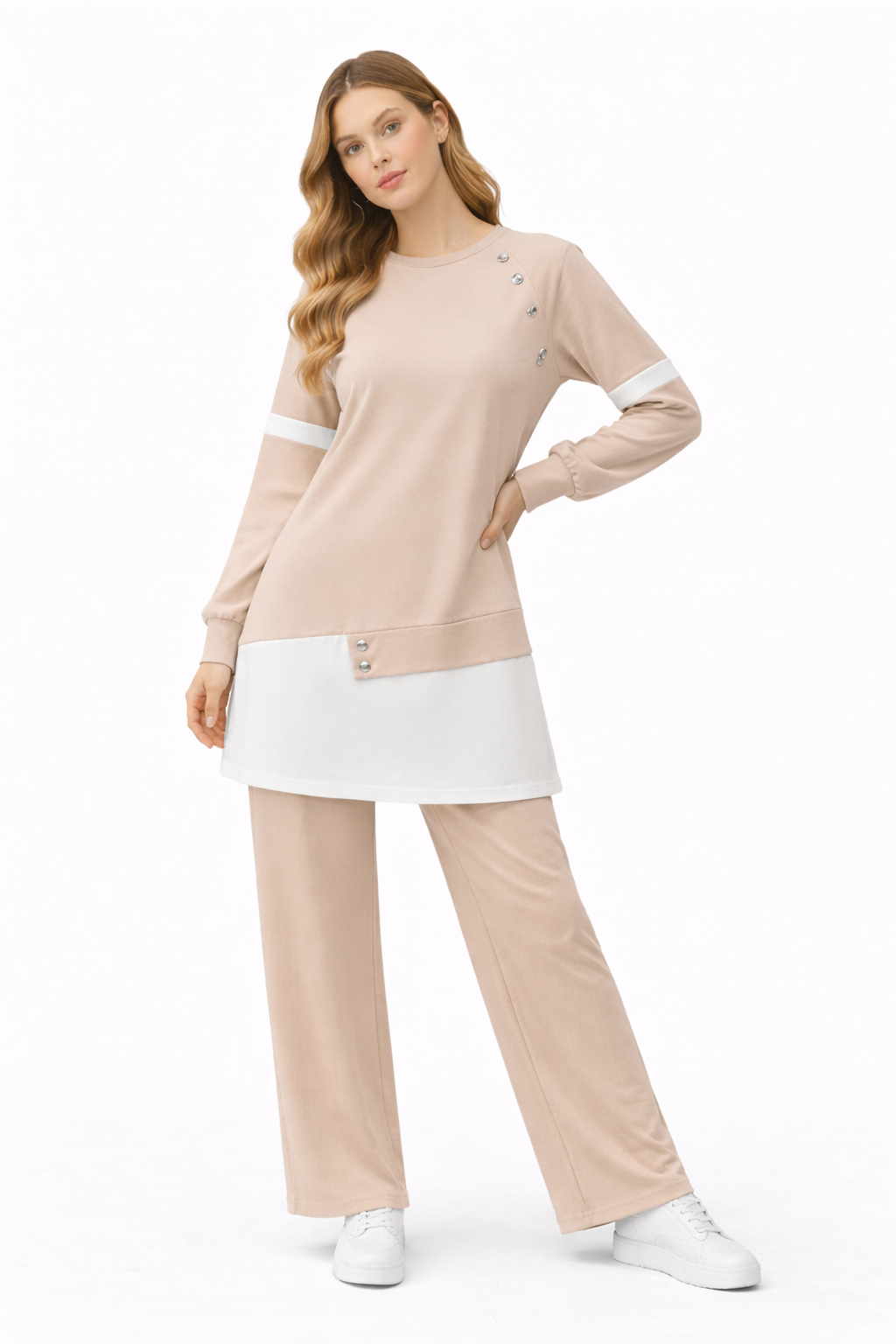 Beige Cotton Set With buttons on shoulder