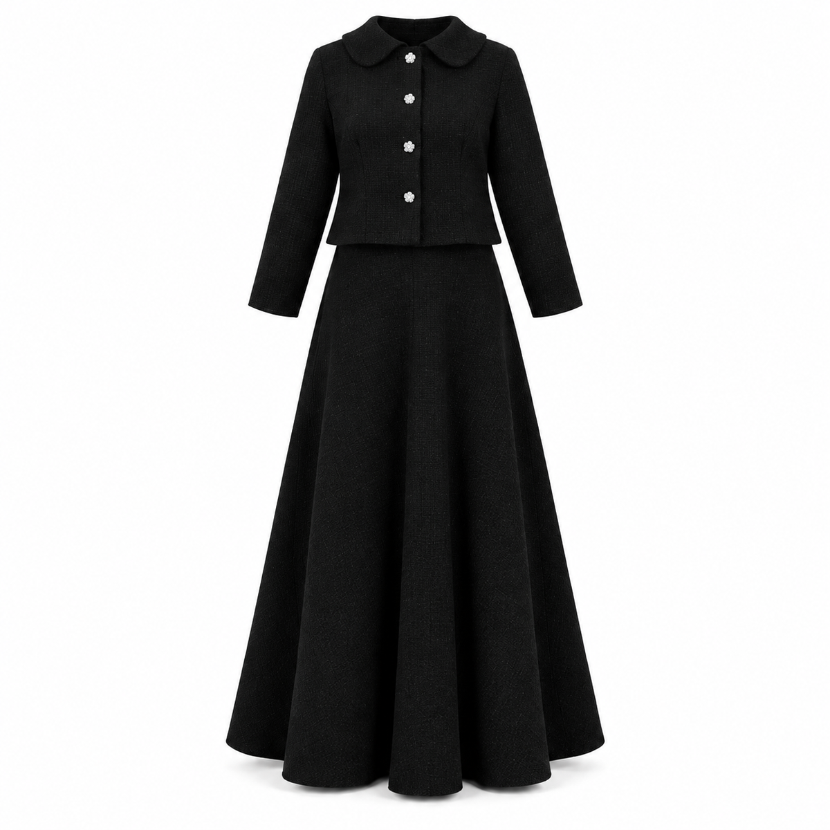 Black Tweed Chic Collared Jacket With Floral Buttons Skirt Set
