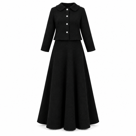Black Tweed Chic Collared Jacket With Floral Buttons Skirt Set