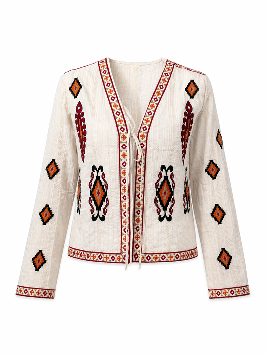 Beige Embroidered Shirt With Ribbon