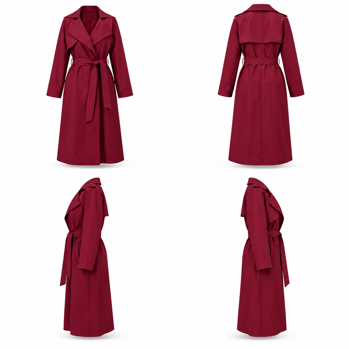Bordeaux Double Breasted Trench Coat With Belt