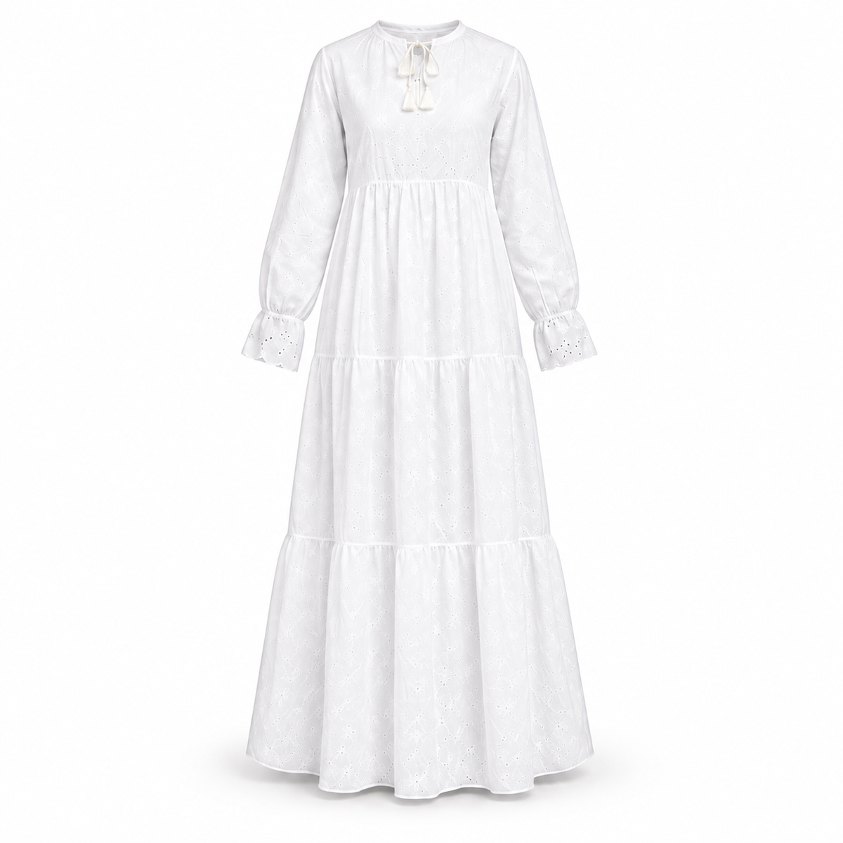 White Embroidered Long-Sleeve Maxi With Neck Tie Dress