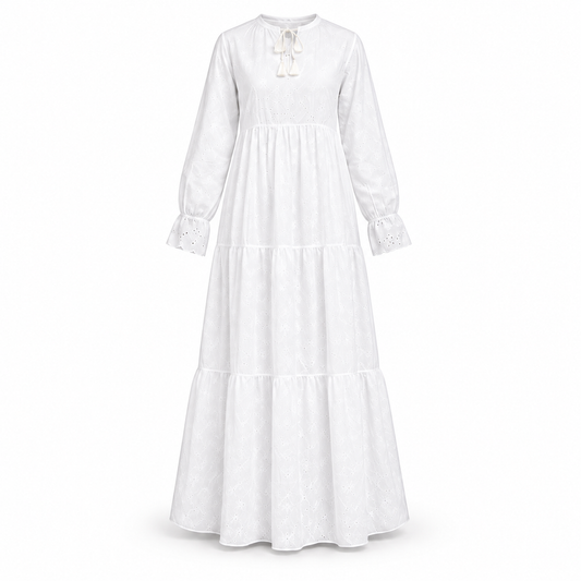 White Embroidered Long-Sleeve Maxi With Neck Tie Dress