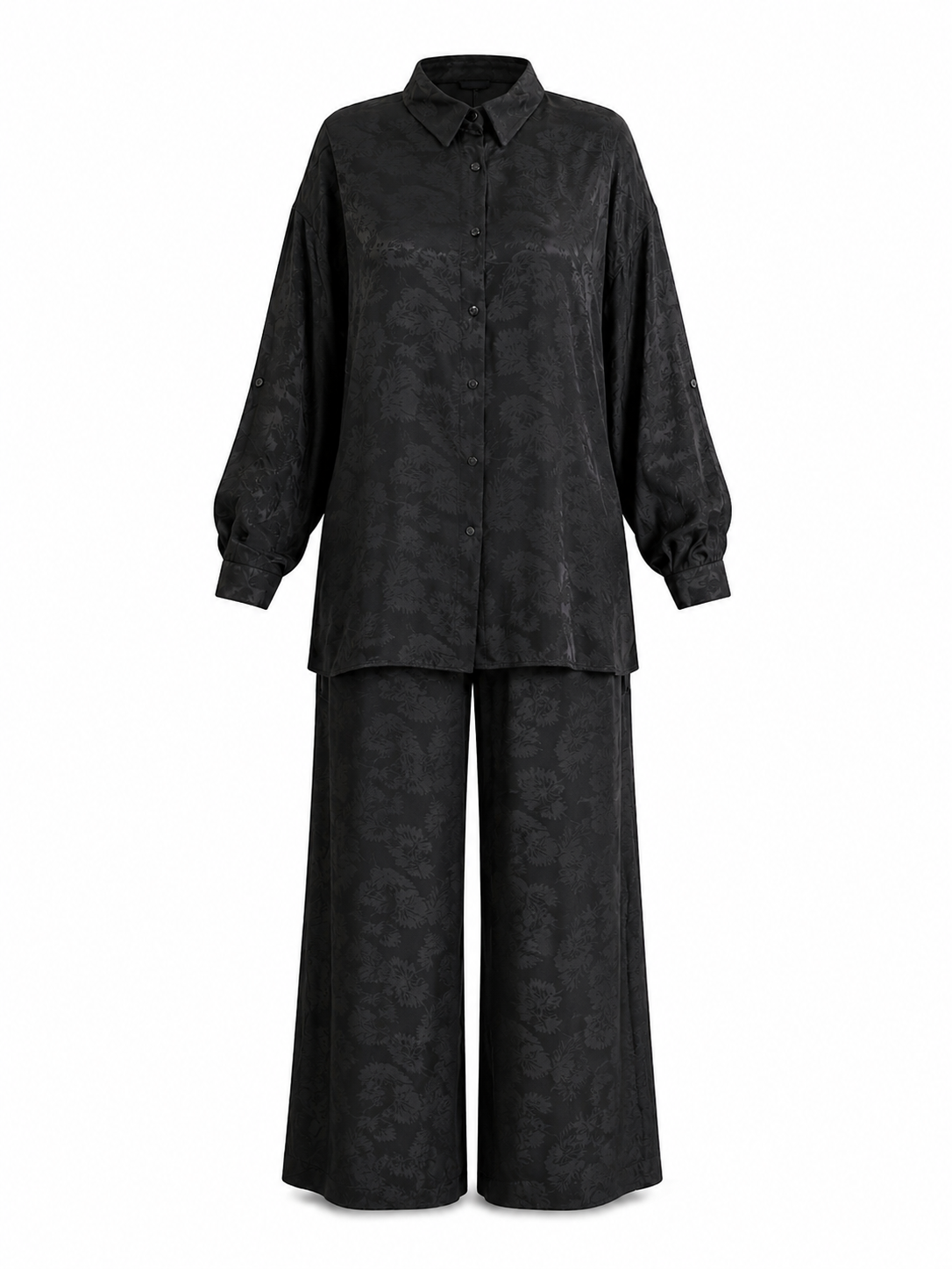 Black High-Low Hem Jacquard Tree Leaves Set