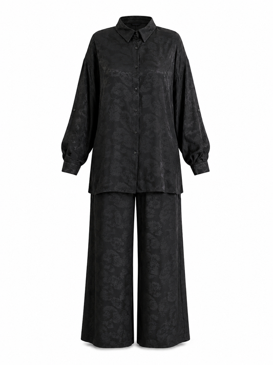 Black High-Low Hem Jacquard Tree Leaves Set