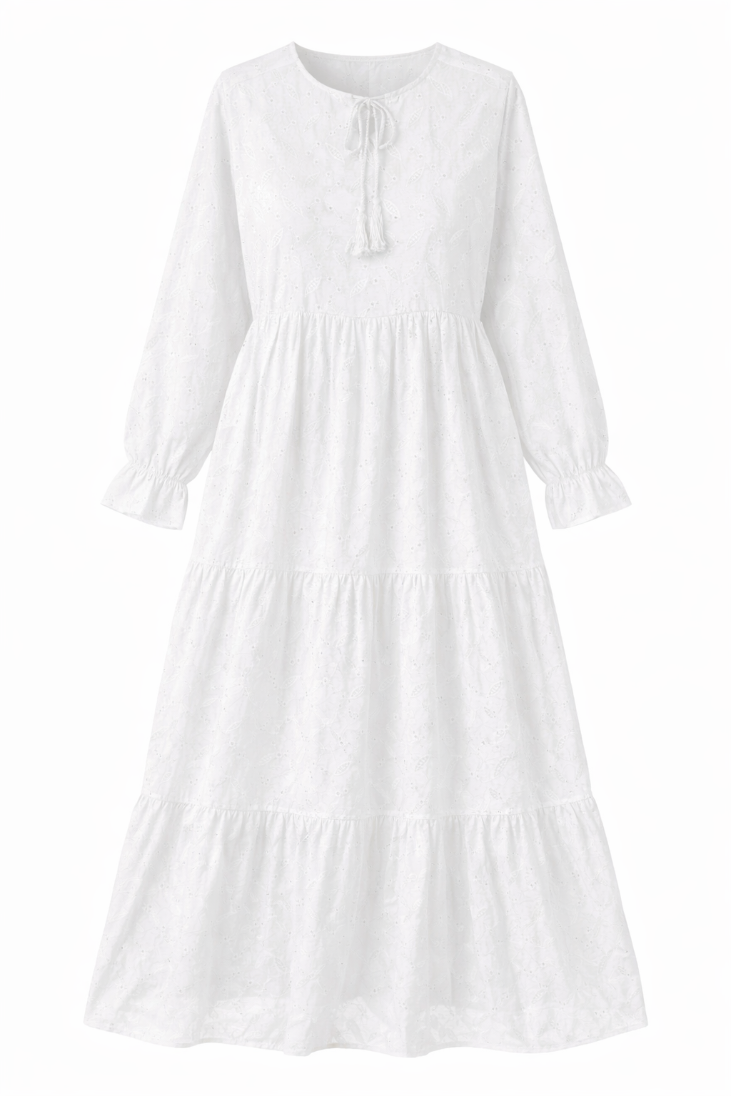 White Embroidered Long-Sleeve Maxi With Neck Tie Dress