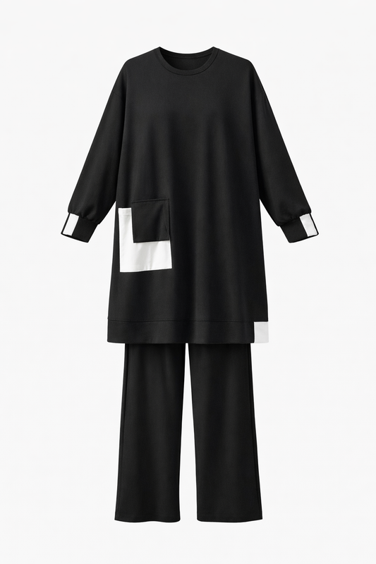 Black Cotton With White Left Pocket Set