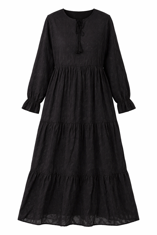 Black Embroidered Long-Sleeve Maxi With Neck Tie Dress