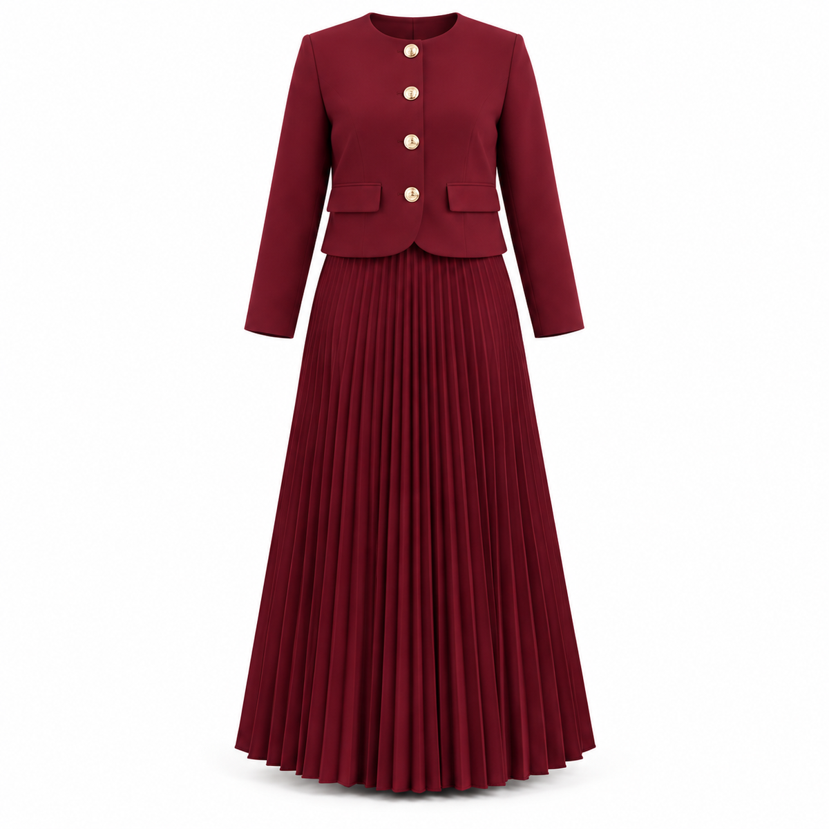 Burgundy Cropped Blazer With Pleated Skirt Set