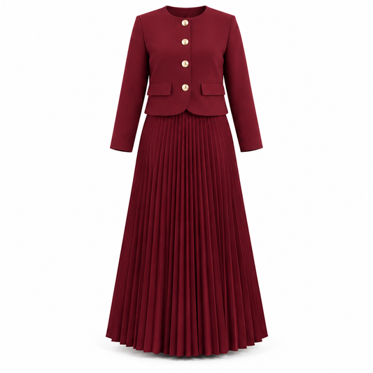 Burgundy Cropped Blazer With Pleated Skirt Set