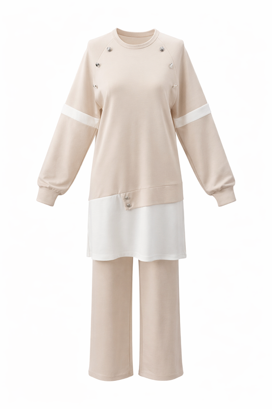 Beige Cotton Set With buttons on shoulder
