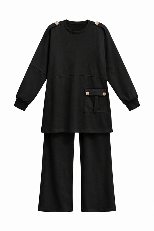 Black Cotton Set With Right Sided Pocket
