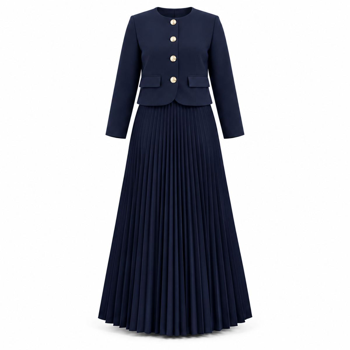 Navy Blue Cropped Blazer With Pleated Skirt Set