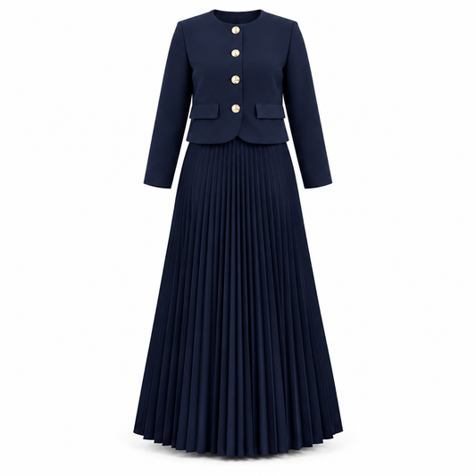 Navy Blue Cropped Blazer With Pleated Skirt Set