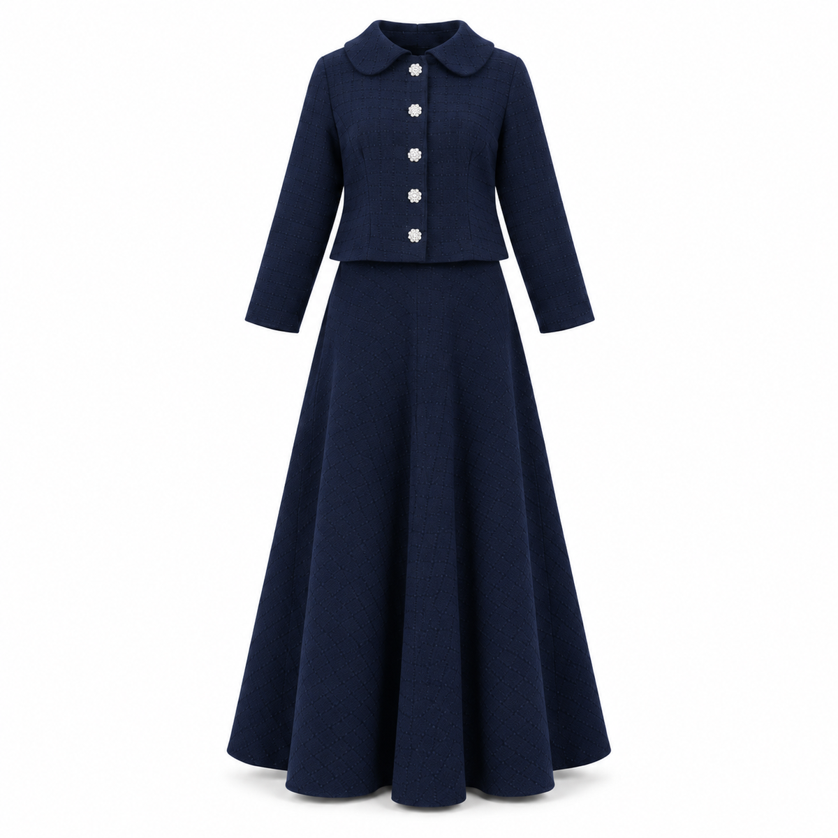 Navy Blue Tweed Chic Collared Jacket With Floral Buttons Skirt Set