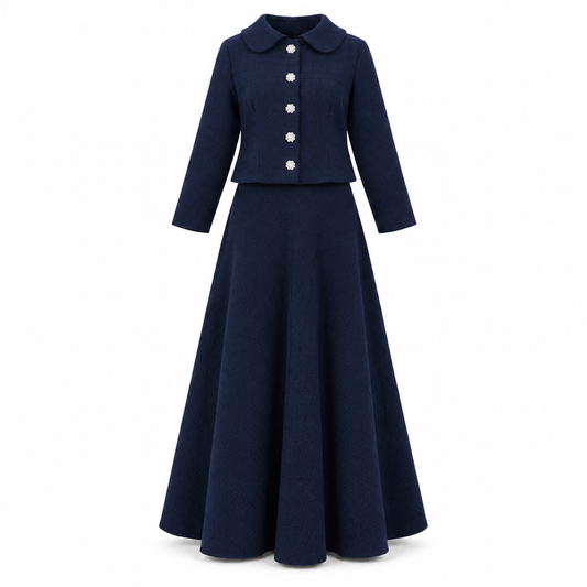 Navy Blue Tweed Chic Collared Jacket With Floral Buttons Skirt Set