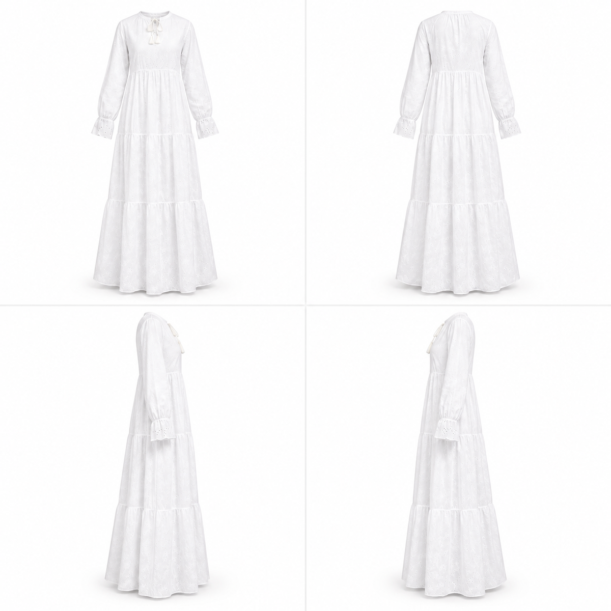 White Embroidered Long-Sleeve Maxi With Neck Tie Dress