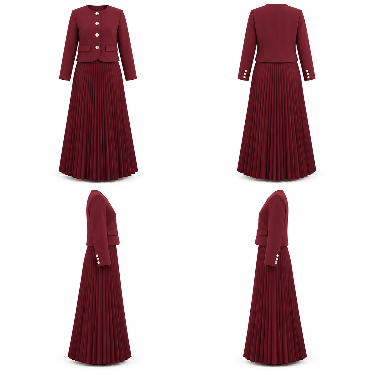 Burgundy Cropped Blazer With Pleated Skirt Set