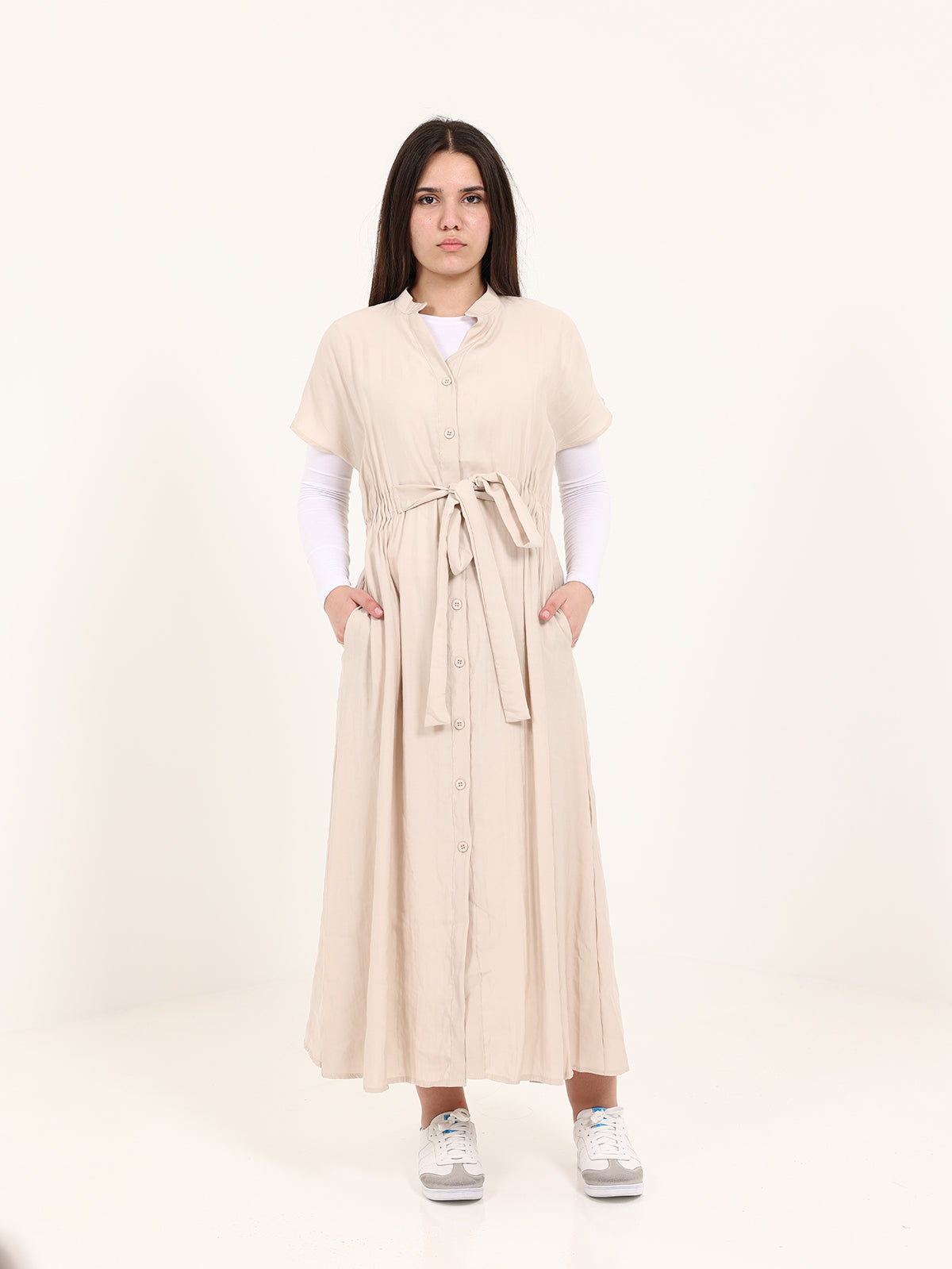 Beige Modal Long Vest with Elastic Waist