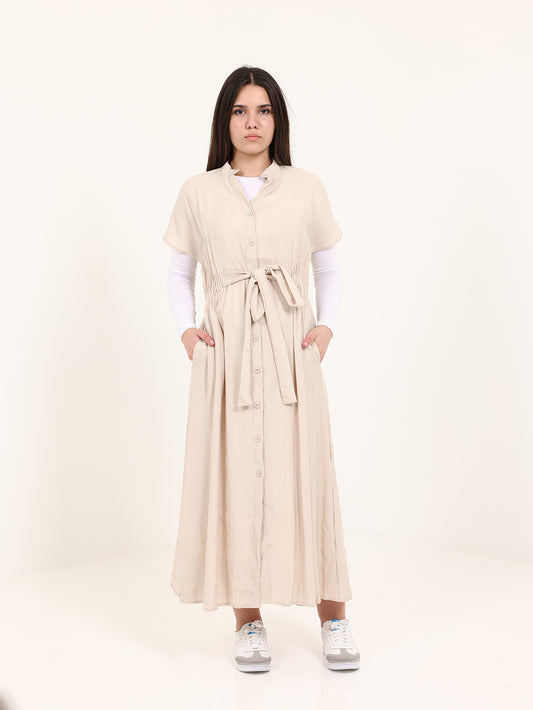 Beige Modal Long Vest with Elastic Waist