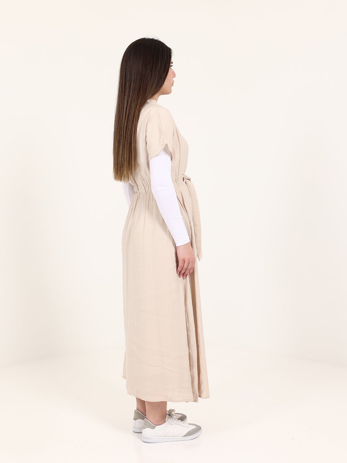 Beige Modal Long Vest with Elastic Waist